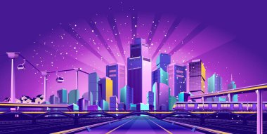 Futuristik gece resort city neon ışıkları ve ışık ışınları, trafik, yollar, köprüler, estokadas ve askıya alınan teleferik tarafından aydınlatılmış,
