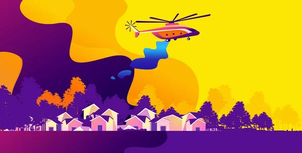 Vektor Illustration Landschaft Kleinstadt Dorf Hubschrauber Löscht Feuer Das Über — Stockvektor
