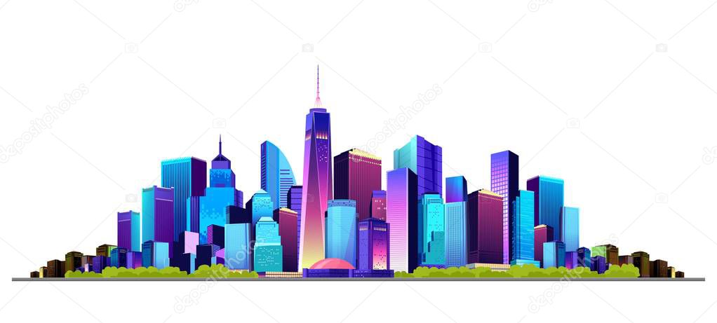 vector illustration panorama big city on the canal bank buildings skyscrapers cityscape on a white background isolated
