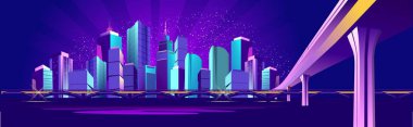 Neon ışıkları tarafından aydınlatılmış vektör yatay banner Gösterim, gece city, mor renklerde panoramik kentsel peyzaj,