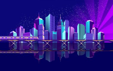 Futuristik gece şehir neon ışıkları ve parlak ışınları tarafından aydınlatılmış, Körfez kıyısında bir demiryolu Köprüsü ve tren. Vektör çizim