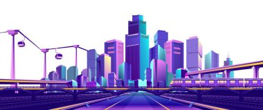 Fütüristik tatil beldesi neon renk ve, trafik, yollar, köprüler, estokadas ve bir asma teleferik, beyaz bir arka plan üzerinde izole ile aydınlatılmış