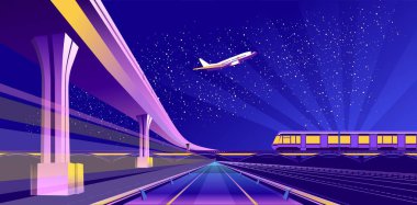 Vektör kavramsal arka plan, trafik, panoramik bir tren ve fütüristik soyut manzara gece gökyüzüne uçan bir uçak ile köprü mesafe içine uzanan yol