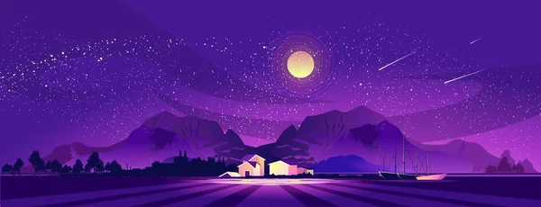Векторная Иллюстрация Ночной Пейзаж Маленькая Деревня Ферма Горной Местности Берегу — стоковый вектор