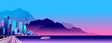 Gecenin yatay illüstrasyon vektör şehir manzara sahil üzerinde yaktı ışıkları ve batan güneşin tarafından,