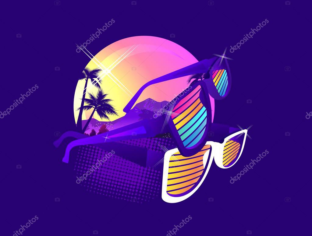 Miami Beach, futuristic dawn stylized badge in retro style on a dark background image, T-shirt printing