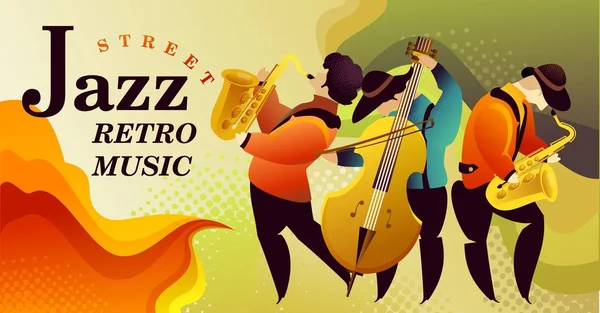 クラシック音楽祭ジャズロックコンサート ジャズギャング 水平ベクトルバナーイラスト バナー — ストックベクタ