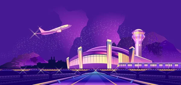 Вид Здание Ночного Аэропорта Освещённое Неоновыми Огнями Самолет Пассаж Фоне — стоковый вектор