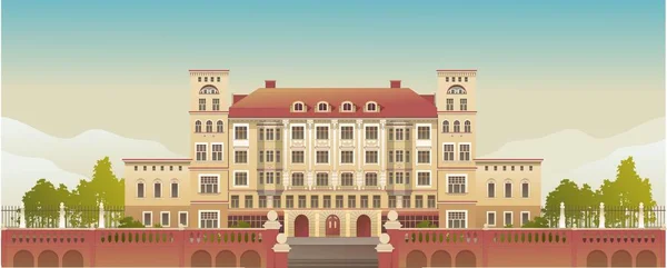 Buitengevel Van Een Land Multistory Hotel Ornate Victoriaanse Stijl Horizontale — Stockvector