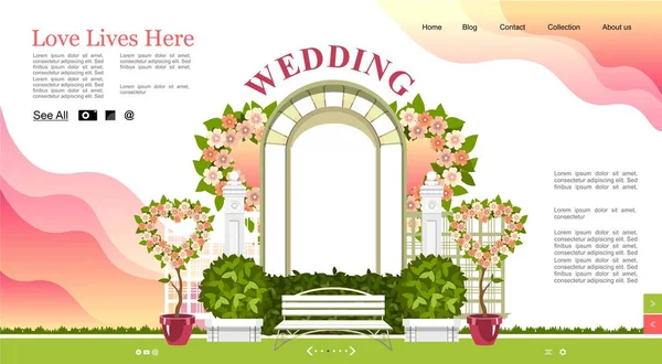 Conceptuele Banner Van Een Feestelijke Huwelijksceremonie Bruiloft Een Trouwboog Versierd — Stockvector
