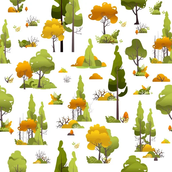 Naadloze Illustratie Patroon Bomen Struiken Een Witte Achtergrond — Stockvector