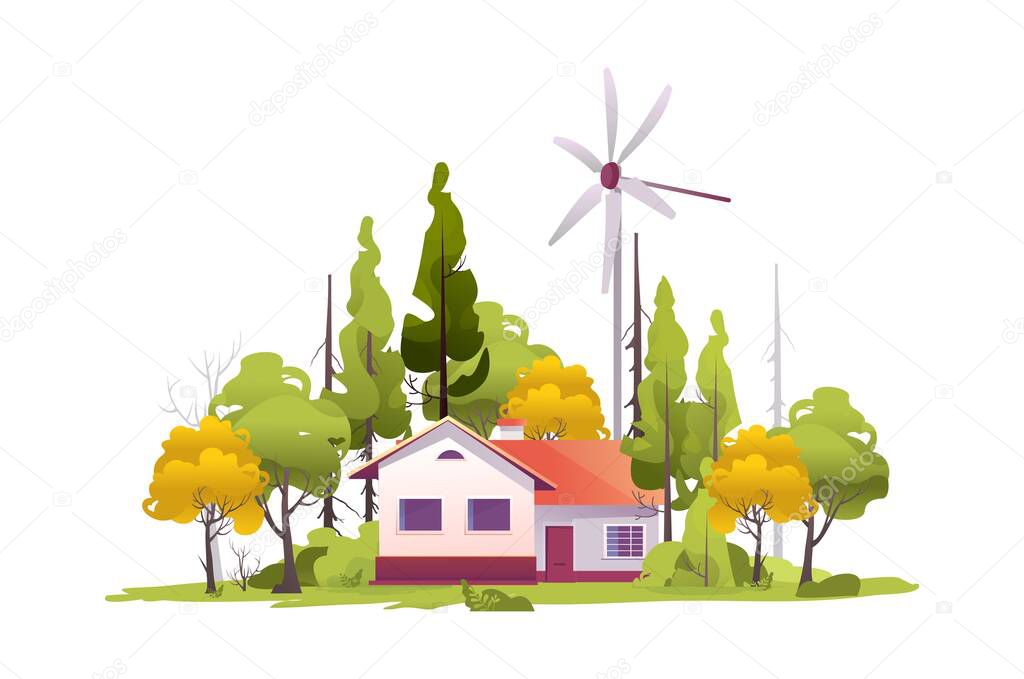 Country house, farm surrounded by trees annex garden summer illustration vector isolated on white background