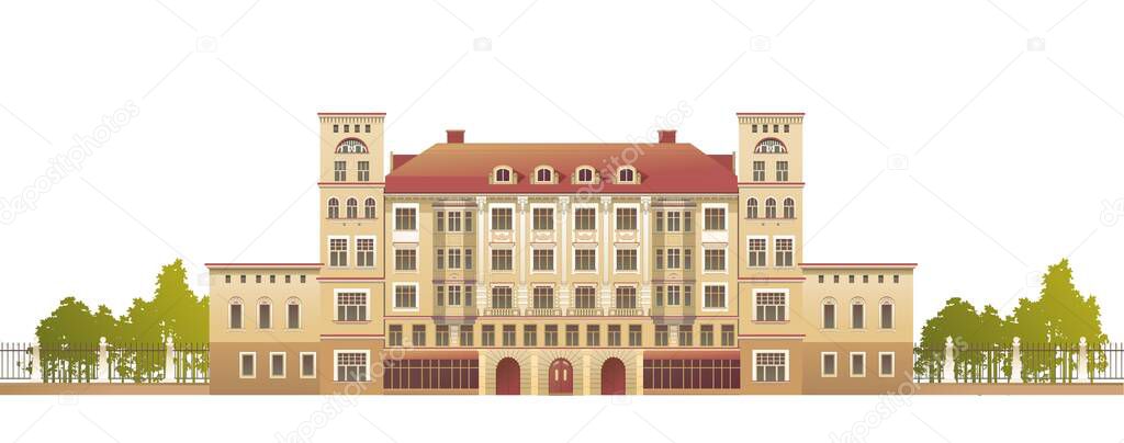Exterior Facade of a Country Multistory Hotel Ornate Victorian Style Horizontal Vector Illustration white background isolated
