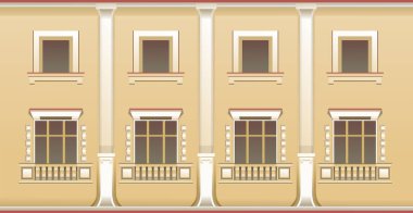 Binanın mimari unsurları için kusursuz desen. Pencereli dış duvar, vektör çizimi, yatay olarak yayılıyor.