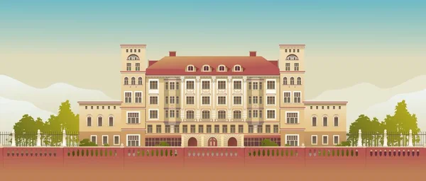 Εξωτερική Πρόσοψη Ενός Country Multistory Hotel Ornate Victorian Style Οριζόντια — Διανυσματικό Αρχείο