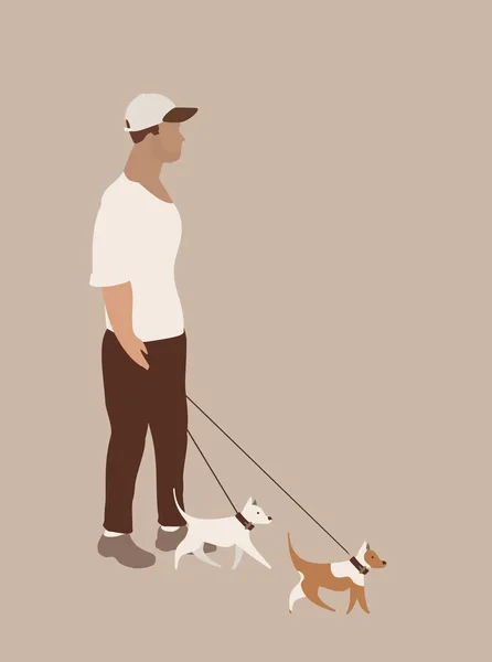 Young Modern Guy Man Walking Dog Postcard Minimal Style Vertical — Stock Vector