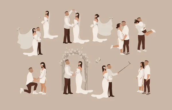 Mariage Mariée Marié Mis Différentes Scènes Jeunes Mariés Couple Heureux — Image vectorielle