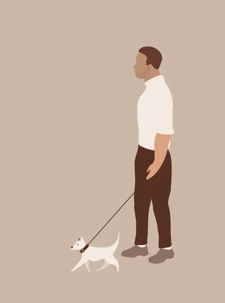 Young Modern Guy Man Walking Dog Postcard Minimal Style Vertical — Stock Vector