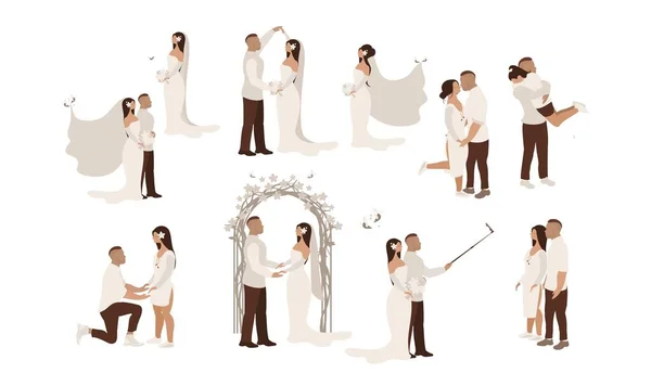 新娘和新郎的婚礼设置了不同的场景 新婚夫妇 恋爱中的幸福夫妻 以简约的卡通风格 以白色背景为背景的柔和色彩描绘的矢量 — 图库矢量图片