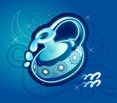 Kova burcu burcunun yuvarlak şekli beyaz arka planda, Gotik tarzda izole edilmiş, kafatasları, simya ve okültizm ile yıldız falı, vektör illüstrasyonu.