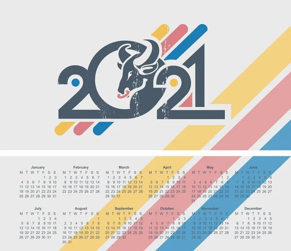 2021 Cuadrícula Calendario Inglés Tipografía Números Del Año Estilo Retro — Vector de stock