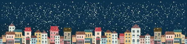 水平方向のパノラマバナー 雪の街の風景 クリスマスの夜の街 パノラマビュー ベクトルイラスト — ストックベクタ