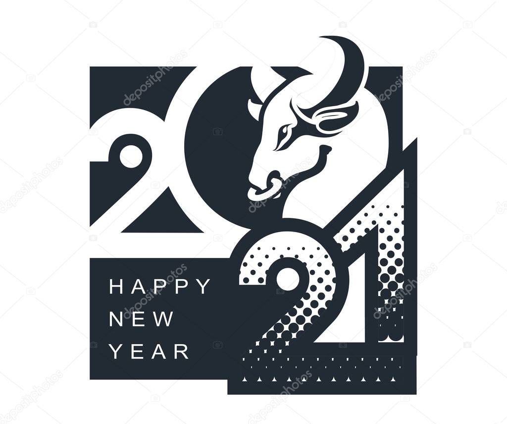 Chinese zodiac sign, year of the bull, conceptual illustration from numbers of the year with animal head black and white retro poster