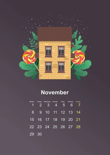 Hoja Pared Calendario Vertical 2021 Año Acogedora Casa Hojas Verdes — Vector de stock