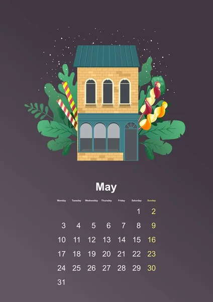 Лист Настінного Вертикального Календаря 2021 Року Затишний Будинок Зеленому Листі — стоковий вектор