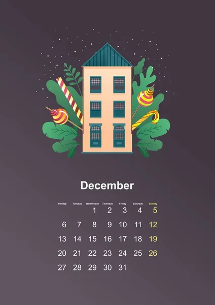 Foglia Parete Calendario Verticale 2021 Anno Accogliente Casa Foglie Verdi — Vettoriale Stock