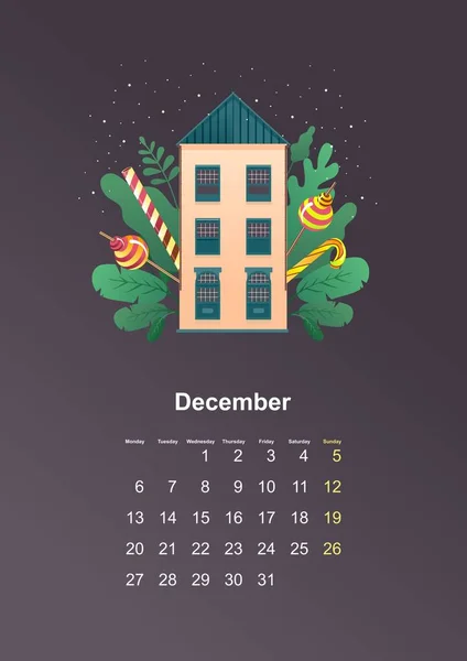 Hoja Pared Calendario Vertical 2021 Año Acogedora Casa Hojas Verdes — Vector de stock