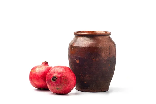 Ripe Juicy Pomegranate Clay Vessel White Background — Stock Photo, Image