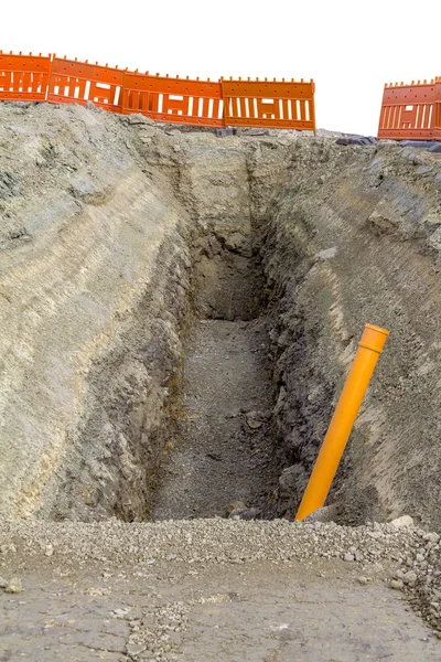 Construction Site Including Big Trench Lots Earth Loam — Stock Photo, Image