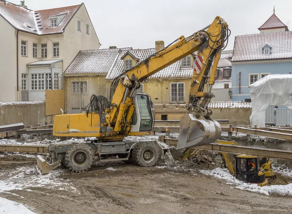 Escavador Lote Construção Ambiente Urbano Visto Praga Hora Inverno — Fotografia de Stock