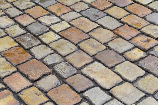 Cuadro Completo Que Muestra Detalle Empedrado Histórico Multicolor Pavimento —  Fotos de Stock