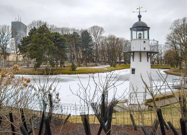 Farol Rio Daugava Riga Capital Letónia Hora Inverno — Fotografia de Stock