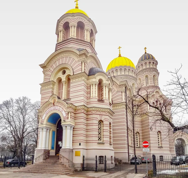 Katedrála Zrození Rize Hlavního Města Lotyšska Zimním Období — Stock fotografie