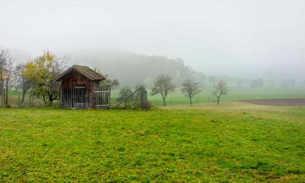 Paisagem Rural Com Galpão Implementação Outono Sul Alemanha — Fotografia de Stock