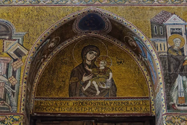 Madonna Mozaicul Copilului Peretele Vestic Catedralei Monreale Sicilia Italia Octombrie — Fotografie, imagine de stoc