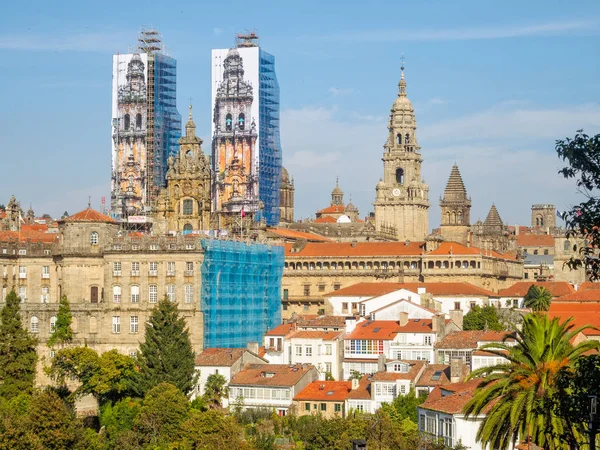 View of the Cathedral of Santiago de Compostela and the Raxoi Palace from the Alameda Park during the restorations in 2014 - Santiago de Compostela, Galicia, Spain