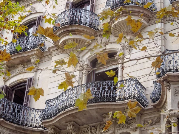 Őszi levelek és modernista homlokzatok-Barcelona — Stock Fotó
