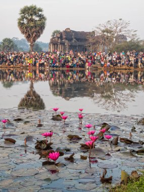 Turistler Angkor Wat Kuzey Kütüphanesi 'nde güneşin doğuşunu bekliyorlar - Siem Reap, Kamboçya