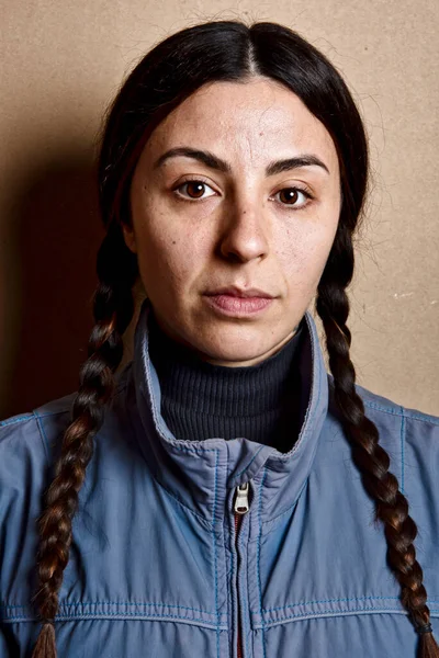 Girl Make Blue Jacket Same Hairstyle Greta Thunberg Studio Shot — Stock Photo, Image