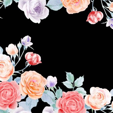 Sulu boya kalem peony çiçek ve yaprakları gül