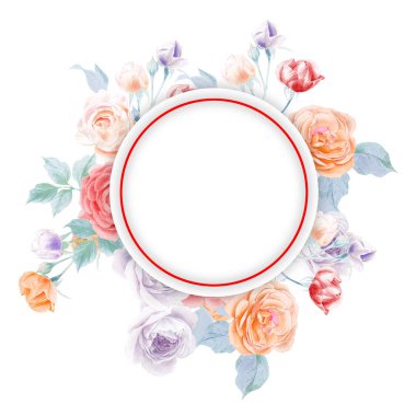 Sulu boya kalem peony çiçek ve yaprakları gül