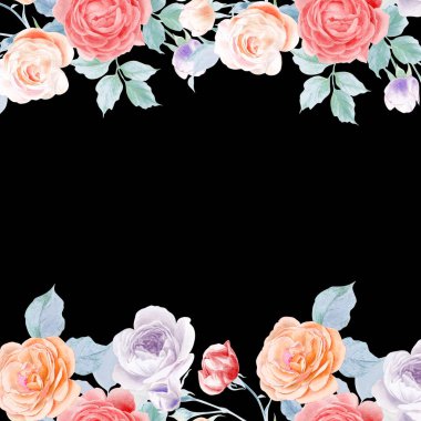 Sulu boya kalem peony çiçek ve yaprakları gül