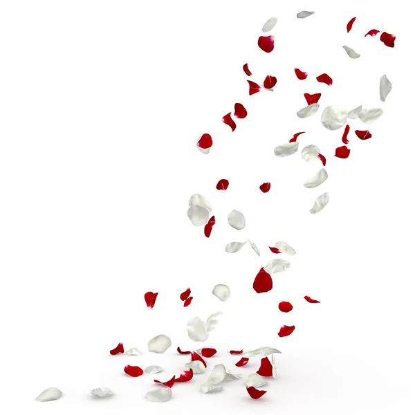 Rode en witte rozenblaadjes vallen op de vloer — Stockfoto