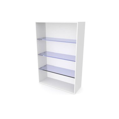 Mavi cam raflar ile boş bir vitrin. Beyaz izole arka plan