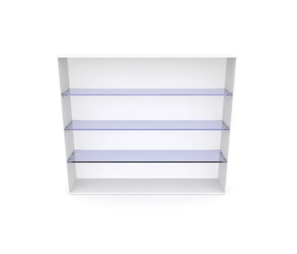 Pusta Prezentacja z niebieskimi szklanymi półkami. Białe tło na białym tle — Zdjęcie stockowe