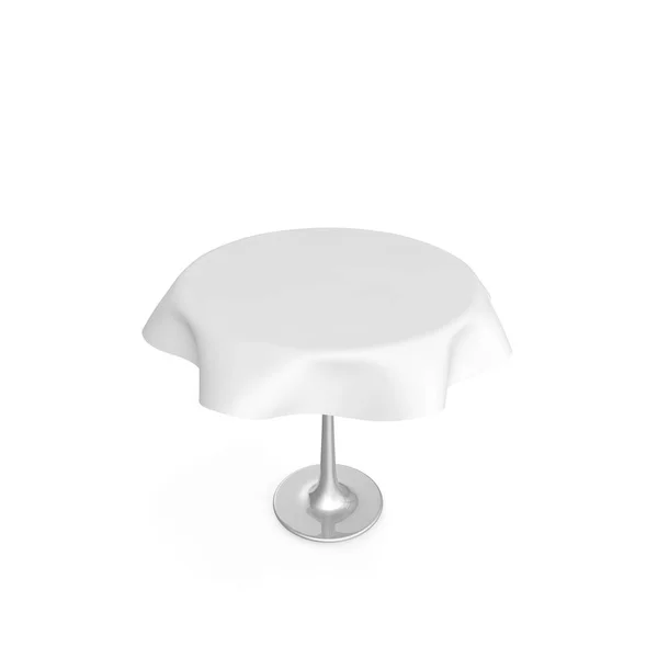 Runder Metalltisch mit weißer Tischdecke. es gibt Raum für Ihr Design. isolierter weißer Hintergrund — Stockfoto